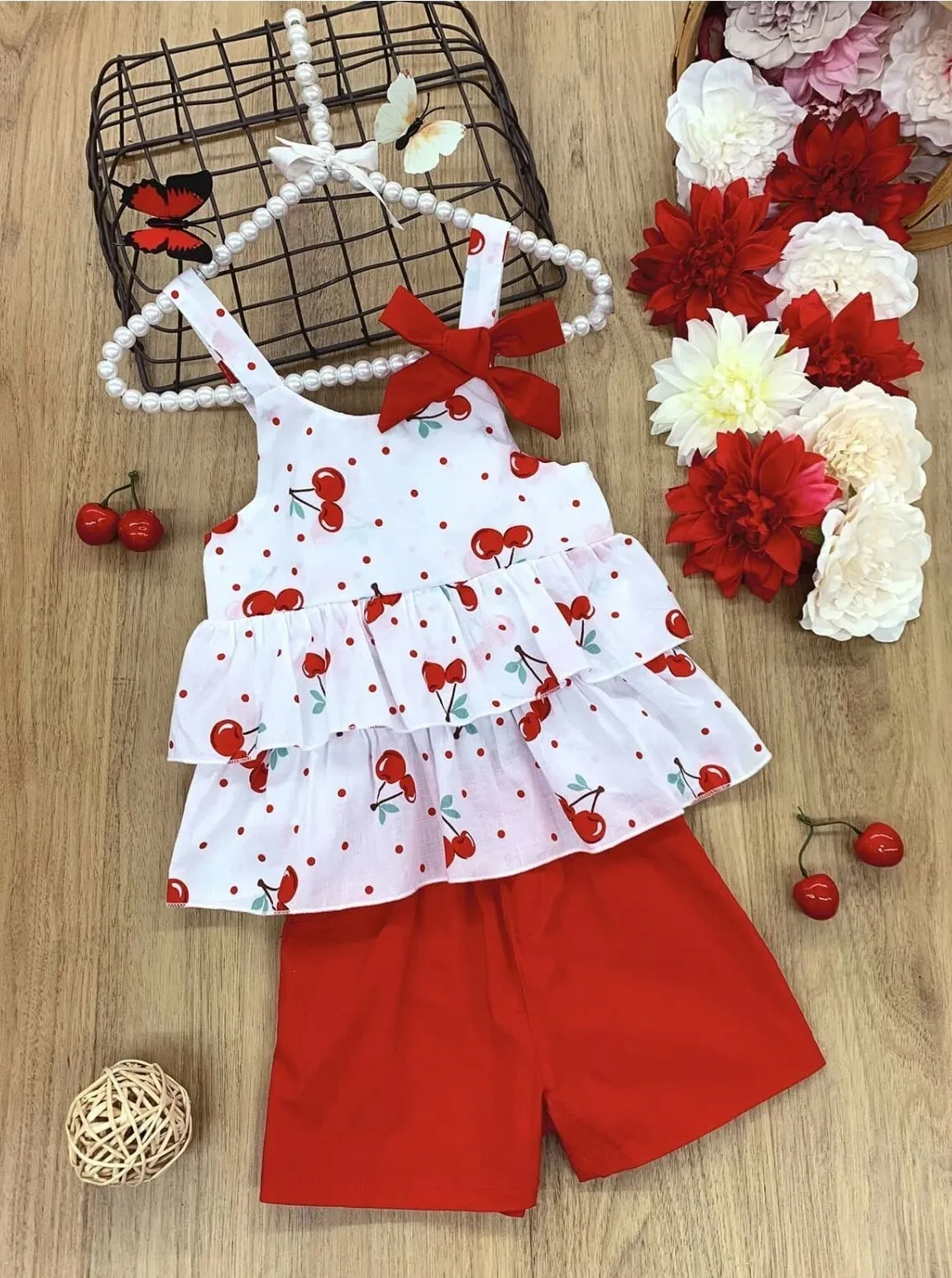 Girls Cherry Ruffled Top And Stretchy Shorts Set