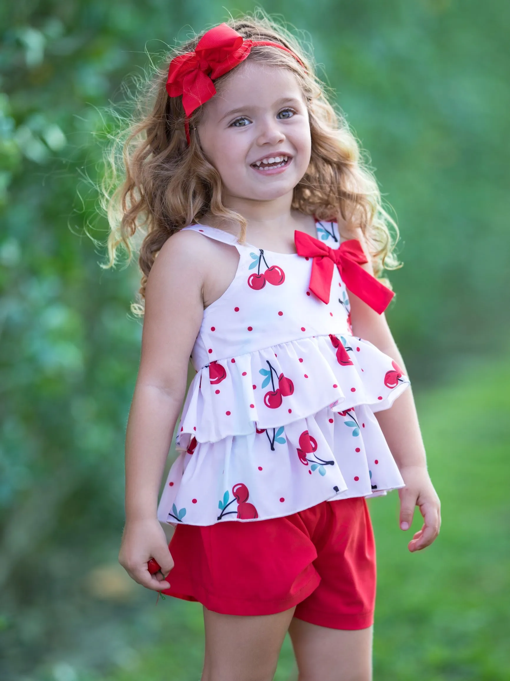 Girls Cherry Ruffled Top And Stretchy Shorts Set