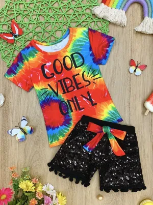 Girls "Good Vibes Online" Tie Dye Top and Bow Sequin Shorts Set