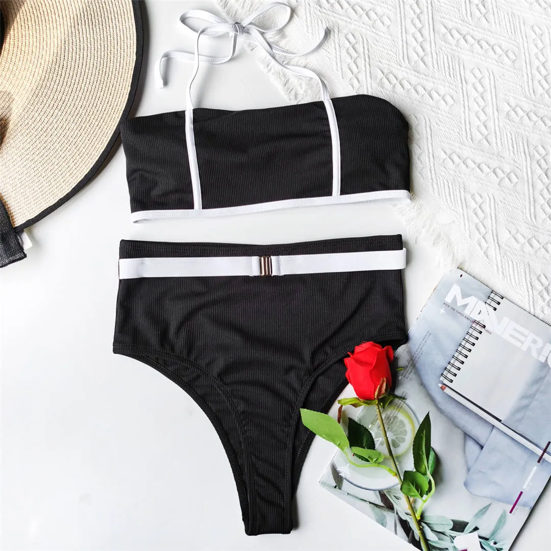 Halter Splicing Ribbed Female Swimsuit High Waist Bikini Women Swimwear Two-pieces Bikini set Bather Bathing Suit Swim V2845