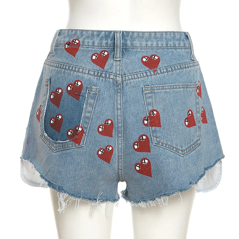 Heart Print Denim Shorts