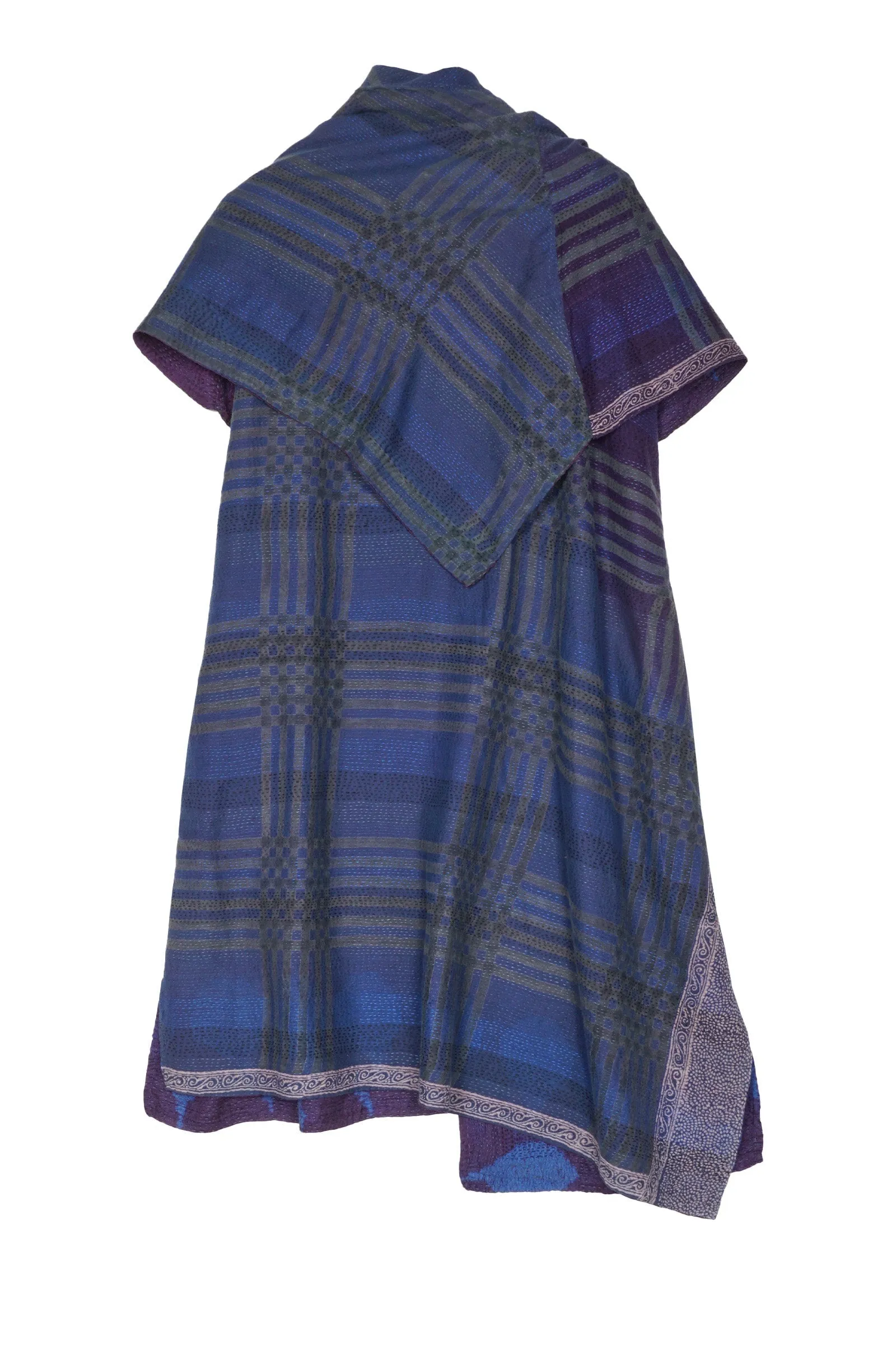 INDONESIAN PRINT & BORDER SHIBORI KANTHA COWL NECK DRESS - ib2416-blu -