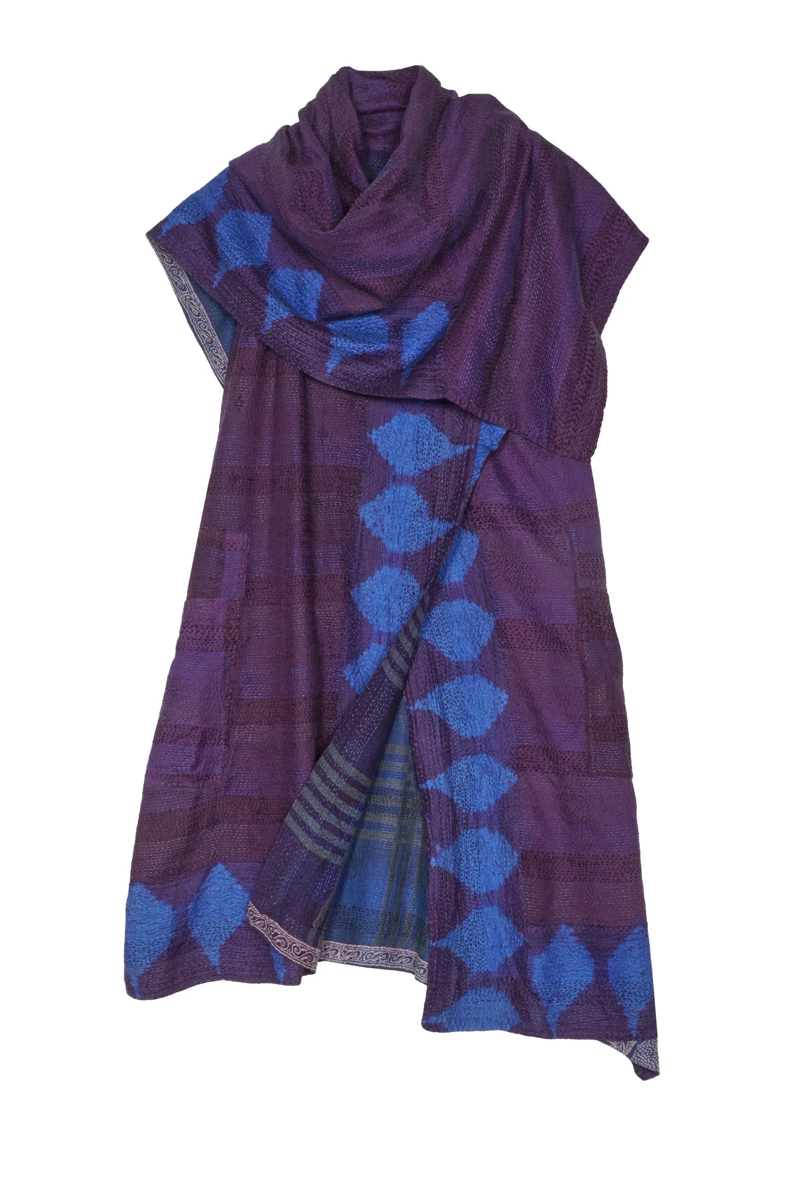 INDONESIAN PRINT & BORDER SHIBORI KANTHA COWL NECK DRESS - ib2416-blu -