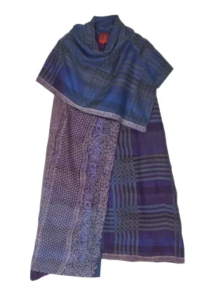 INDONESIAN PRINT & BORDER SHIBORI KANTHA COWL NECK DRESS - ib2416-blu -