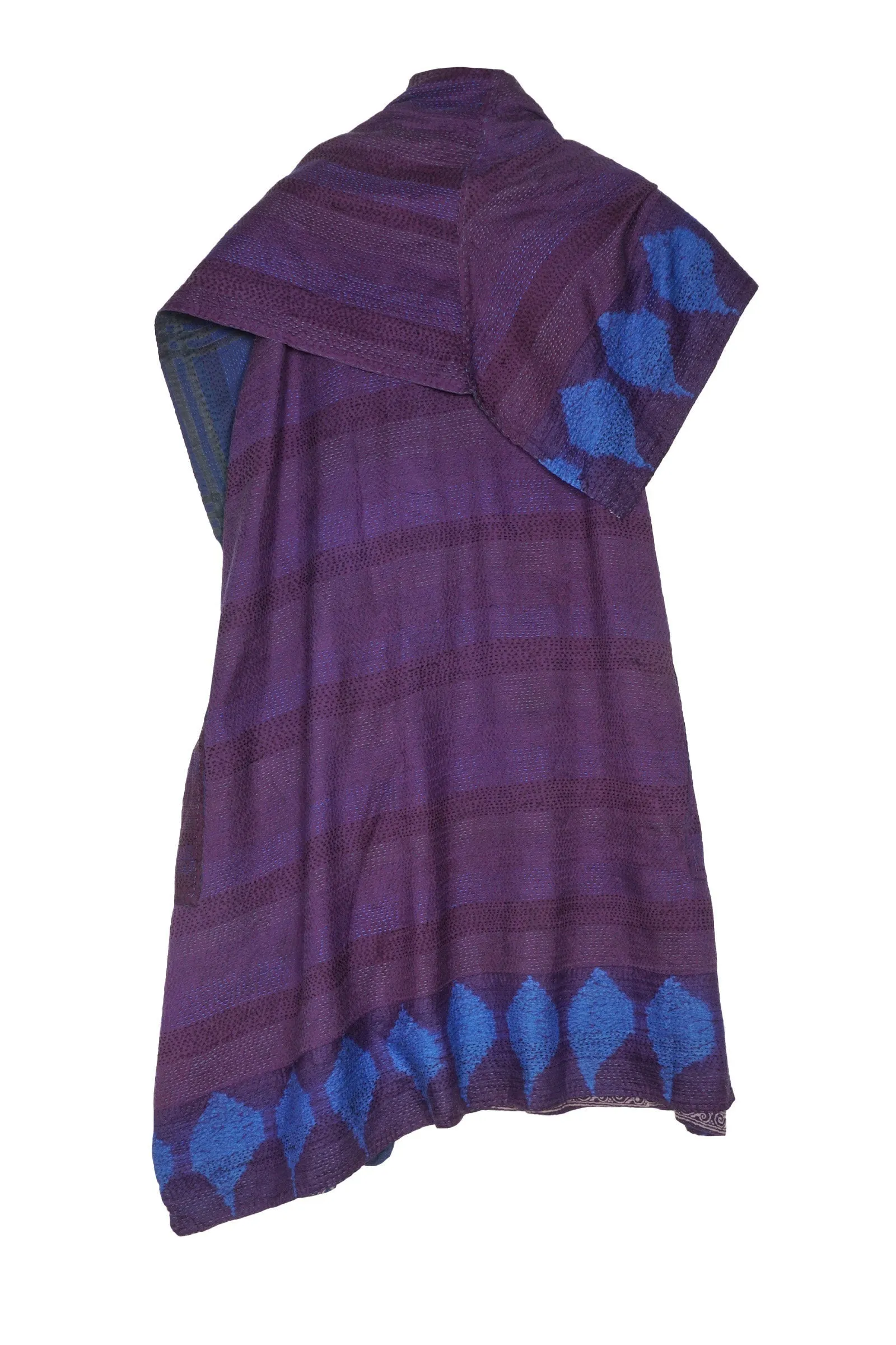 INDONESIAN PRINT & BORDER SHIBORI KANTHA COWL NECK DRESS - ib2416-blu -