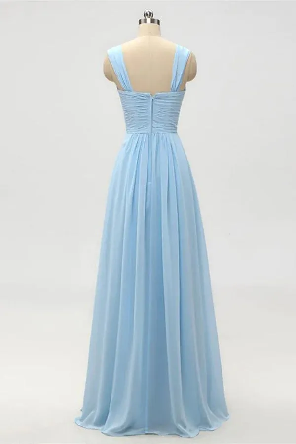 Light Blue A-Line Empire Waist Long Bridesmaid Dress