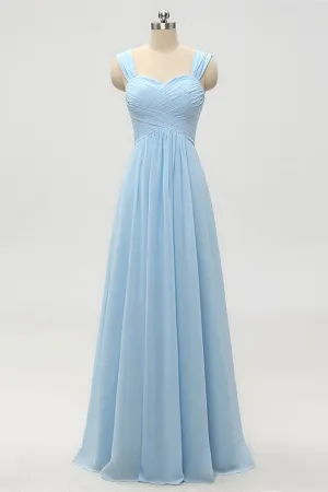 Light Blue A-Line Empire Waist Long Bridesmaid Dress