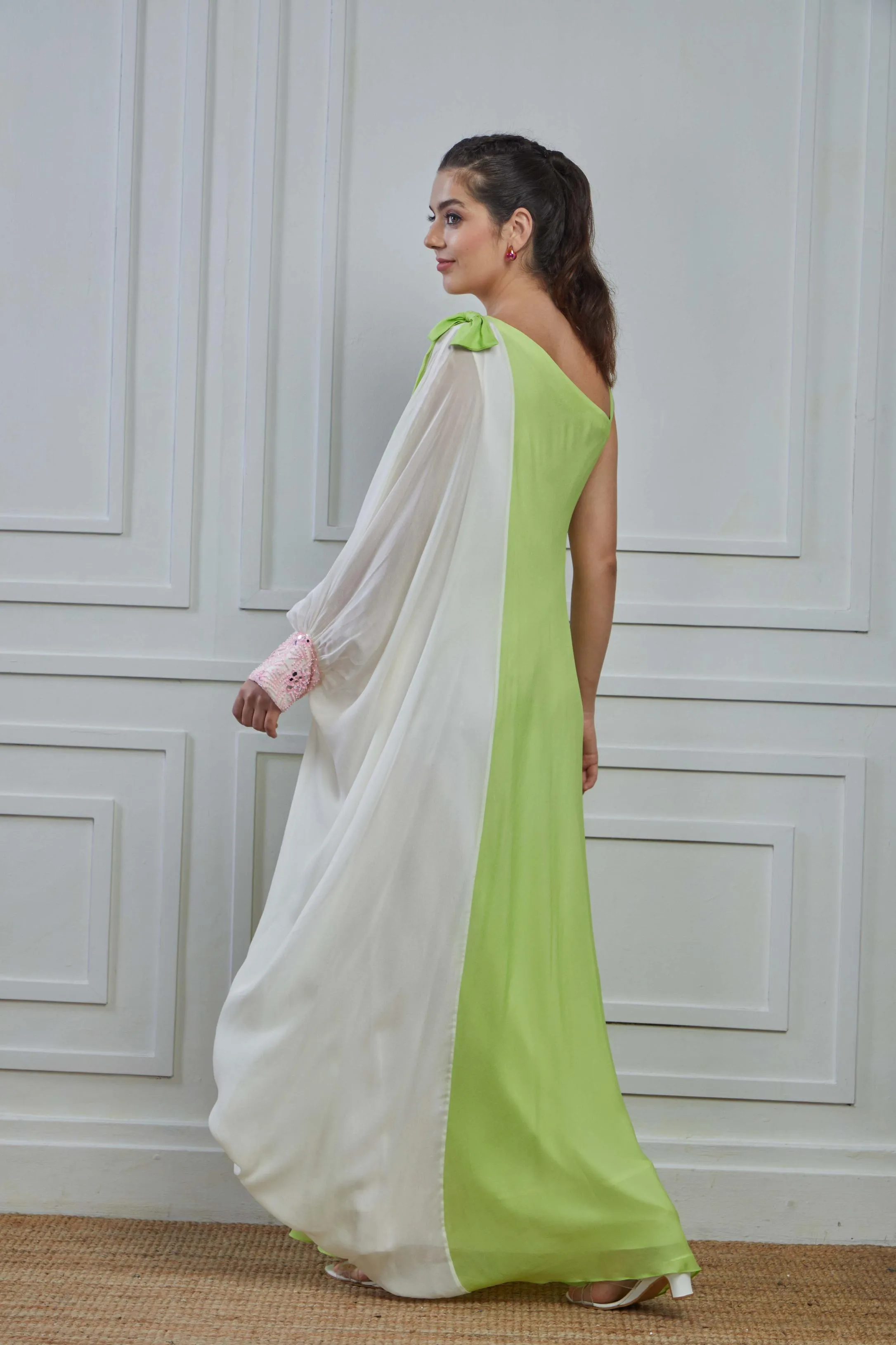 Light Green Embellished Crepe Silk Cowl Dress