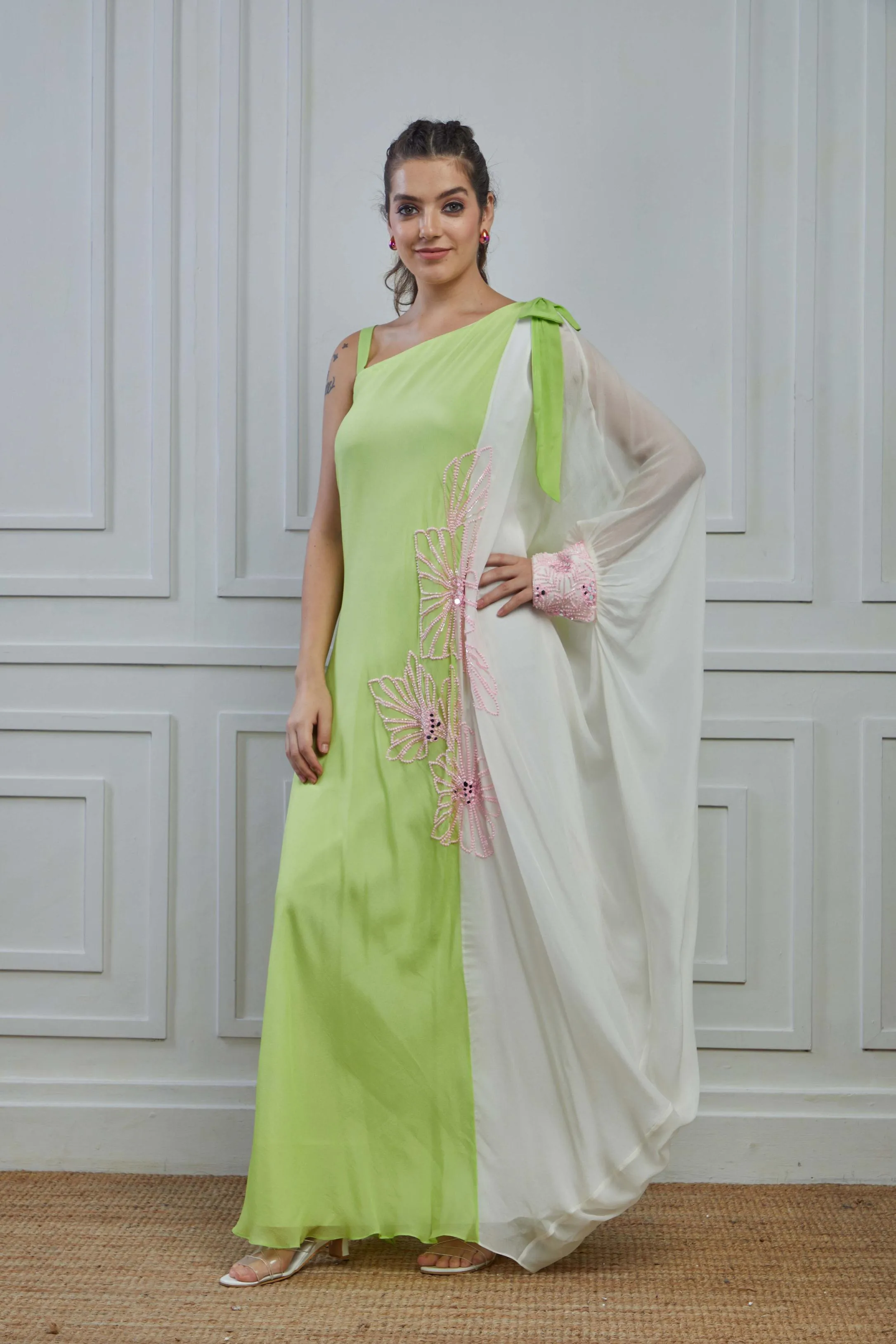 Light Green Embellished Crepe Silk Cowl Dress