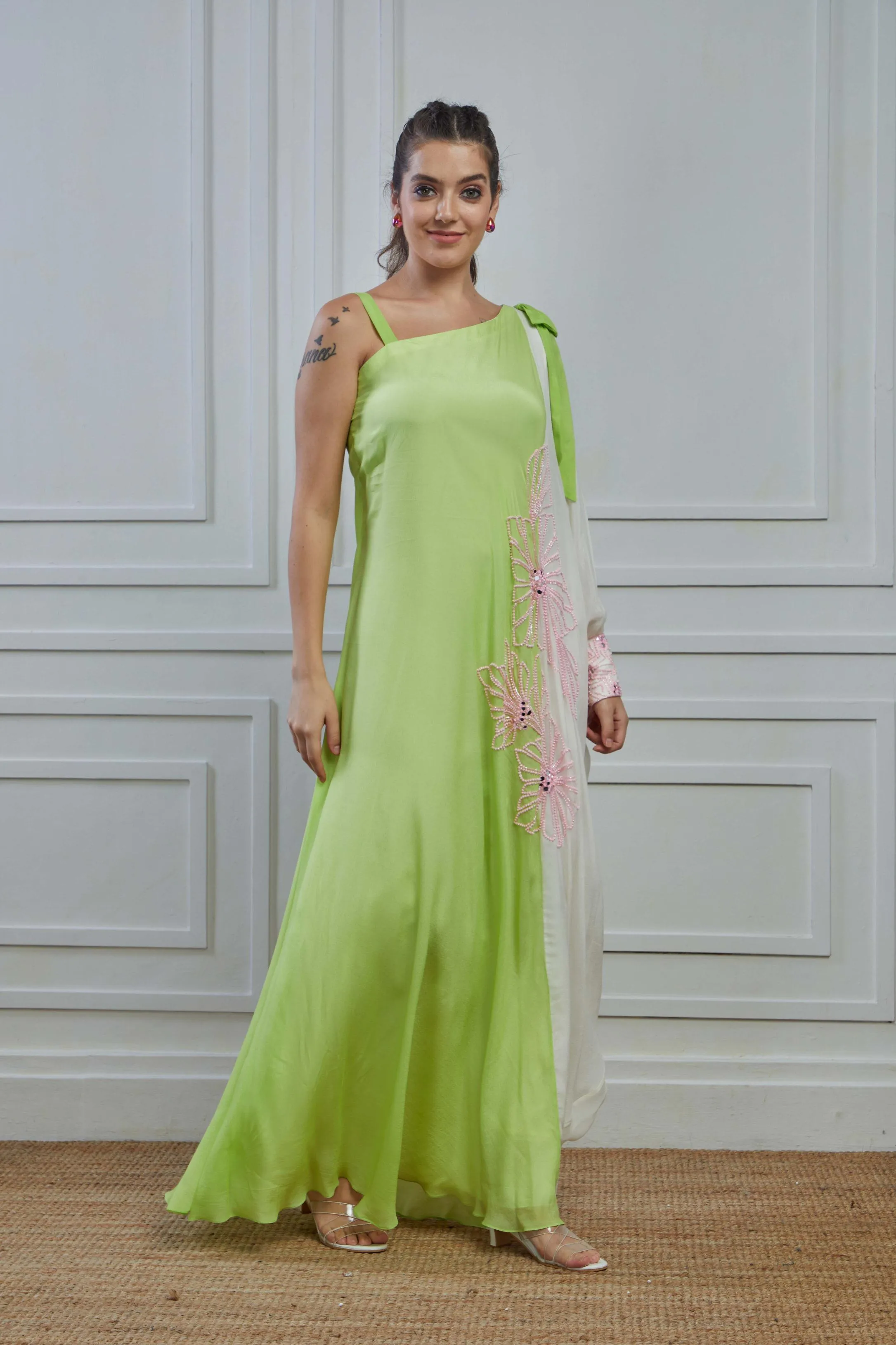 Light Green Embellished Crepe Silk Cowl Dress