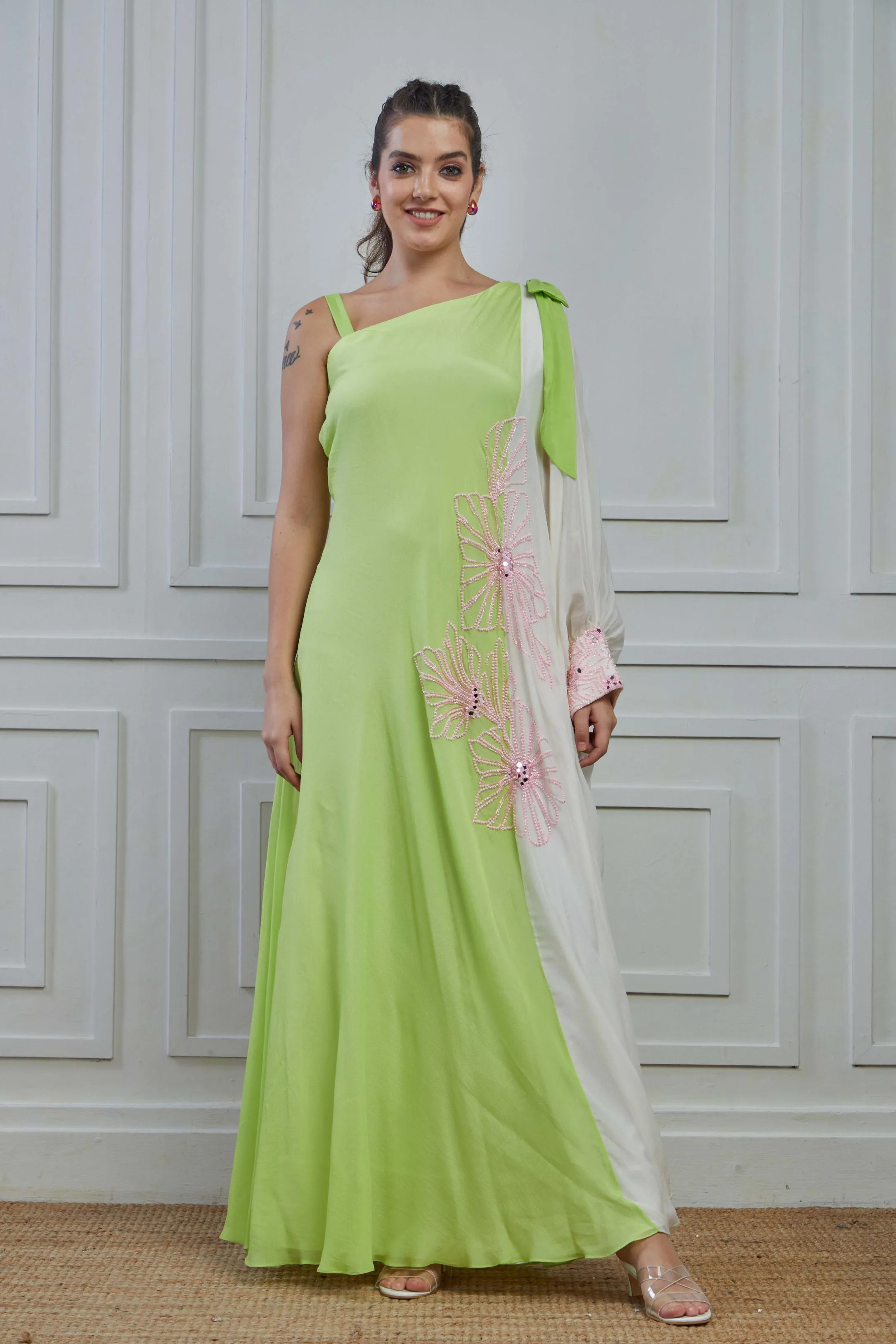 Light Green Embellished Crepe Silk Cowl Dress