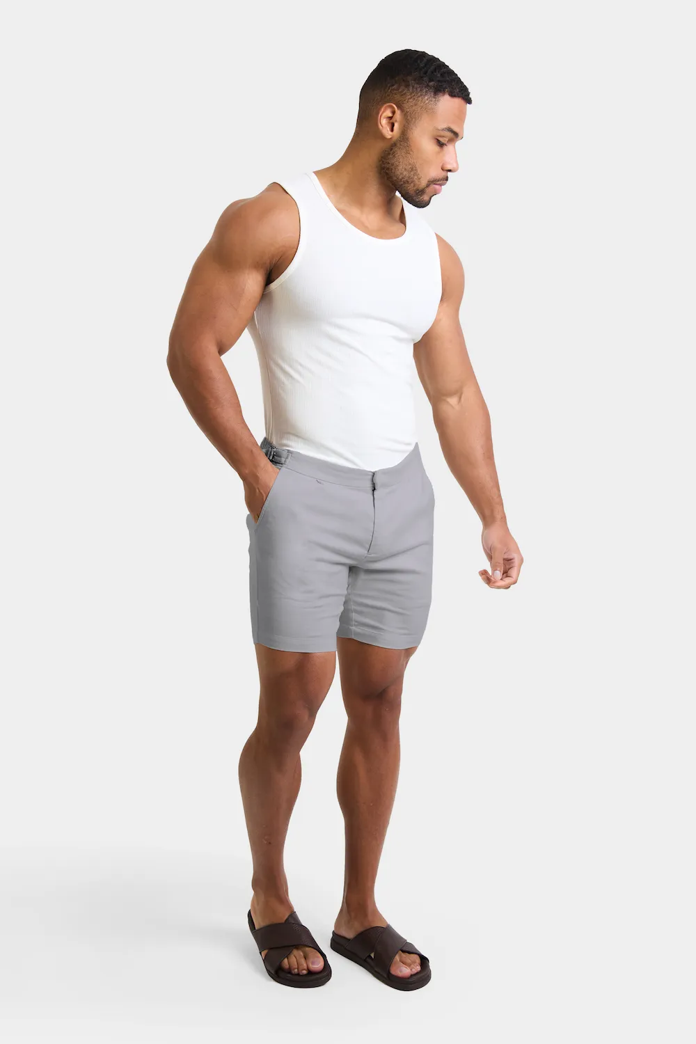 Linen Blend Side Adjuster Shorts in Mole