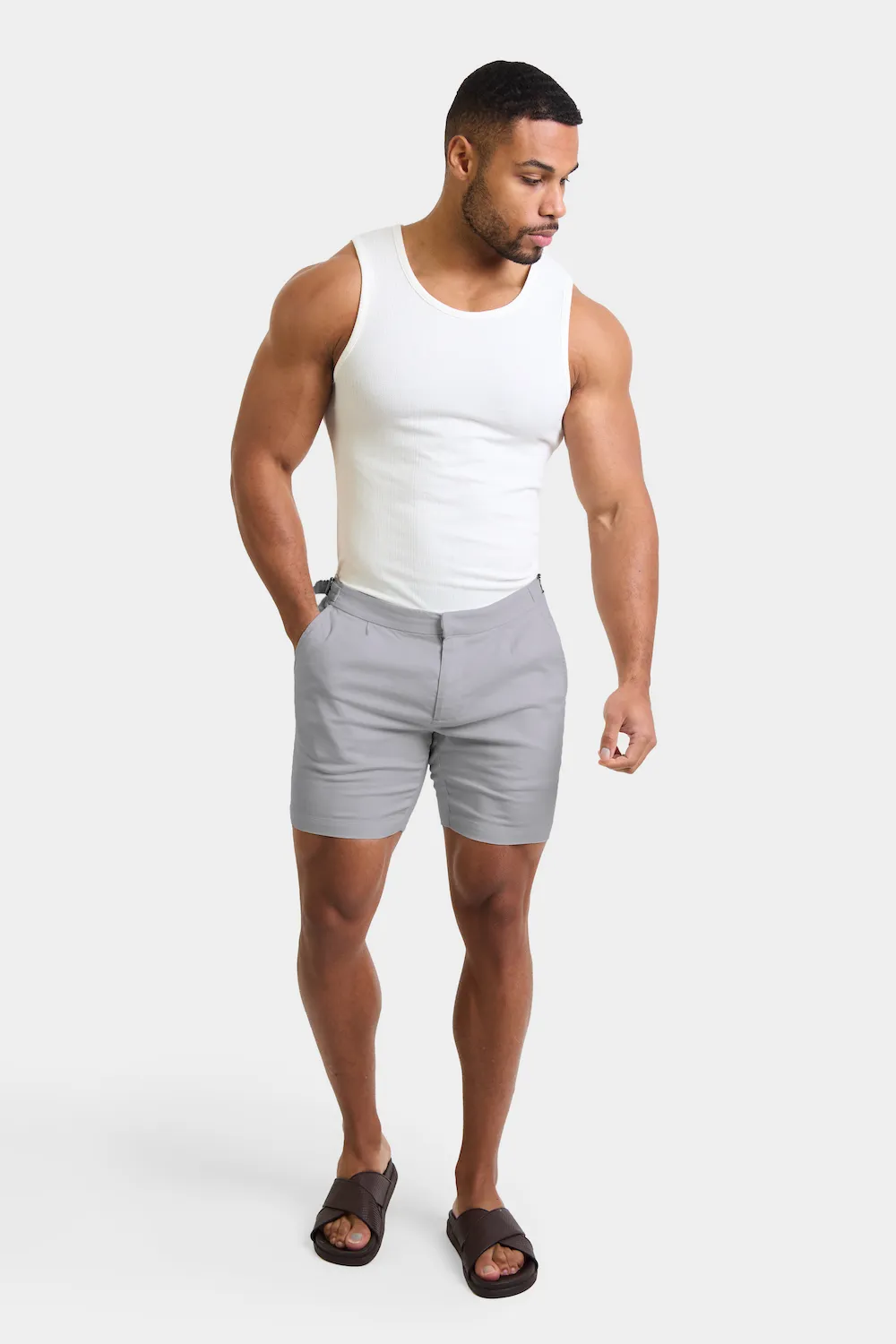 Linen Blend Side Adjuster Shorts in Mole