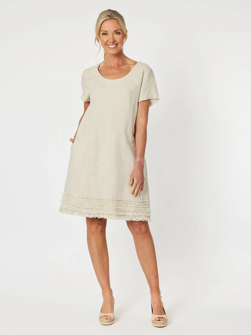 Linen Ruffle Hem Dress - Natural