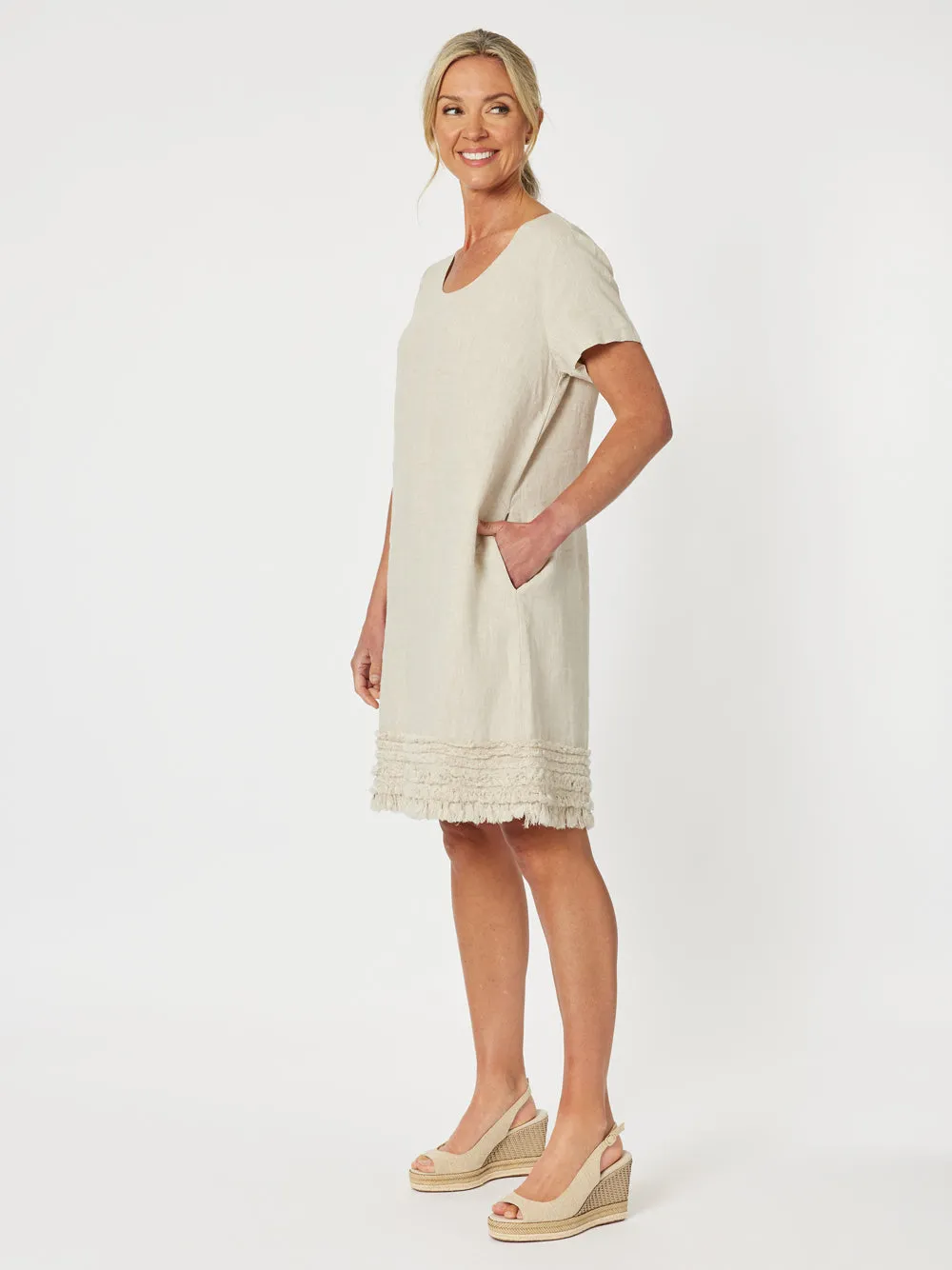 Linen Ruffle Hem Dress - Natural