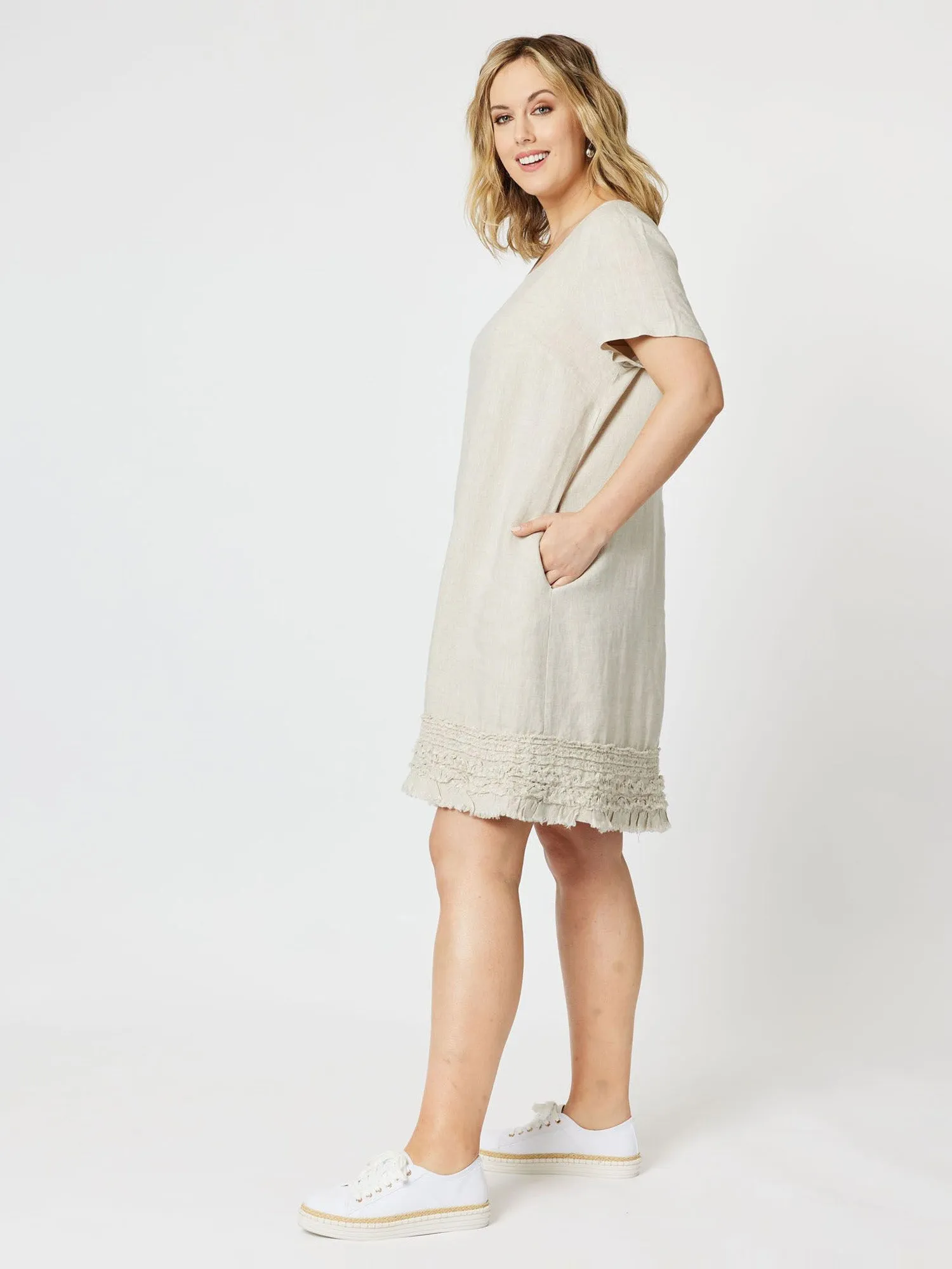 Linen Ruffle Hem Dress - Natural