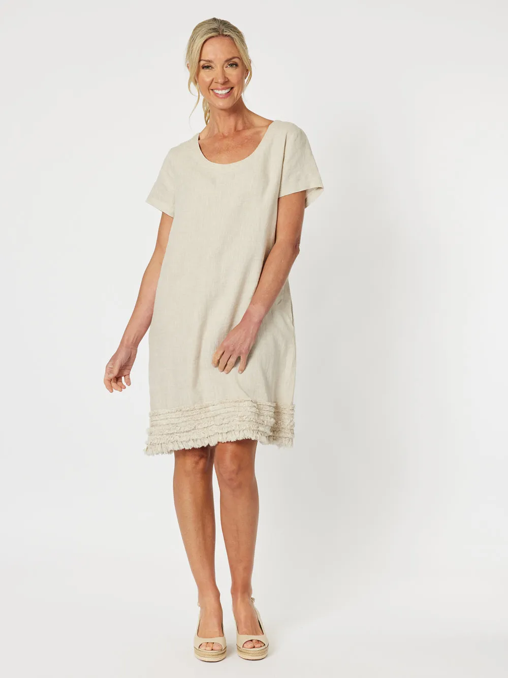 Linen Ruffle Hem Dress - Natural