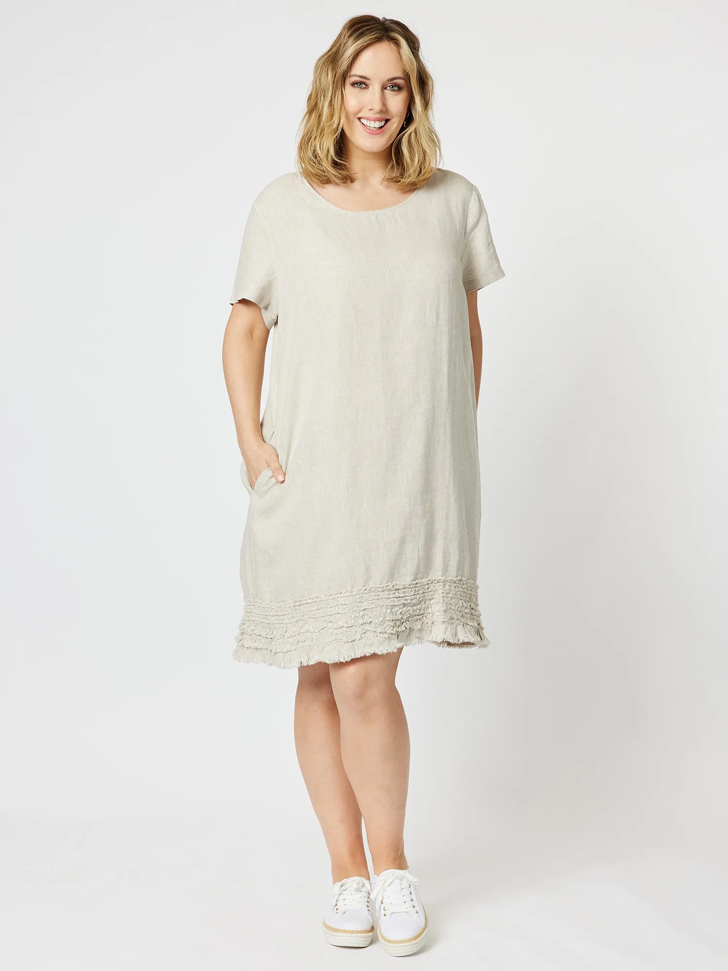 Linen Ruffle Hem Dress - Natural