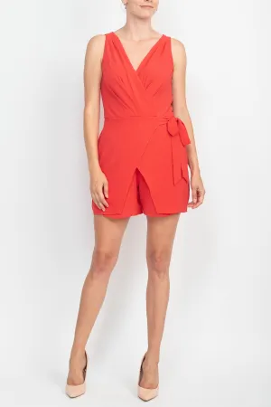 London Times V-Neck Sleeveless Pleated Tie Waist Zipper Back Solid Crepe Romper