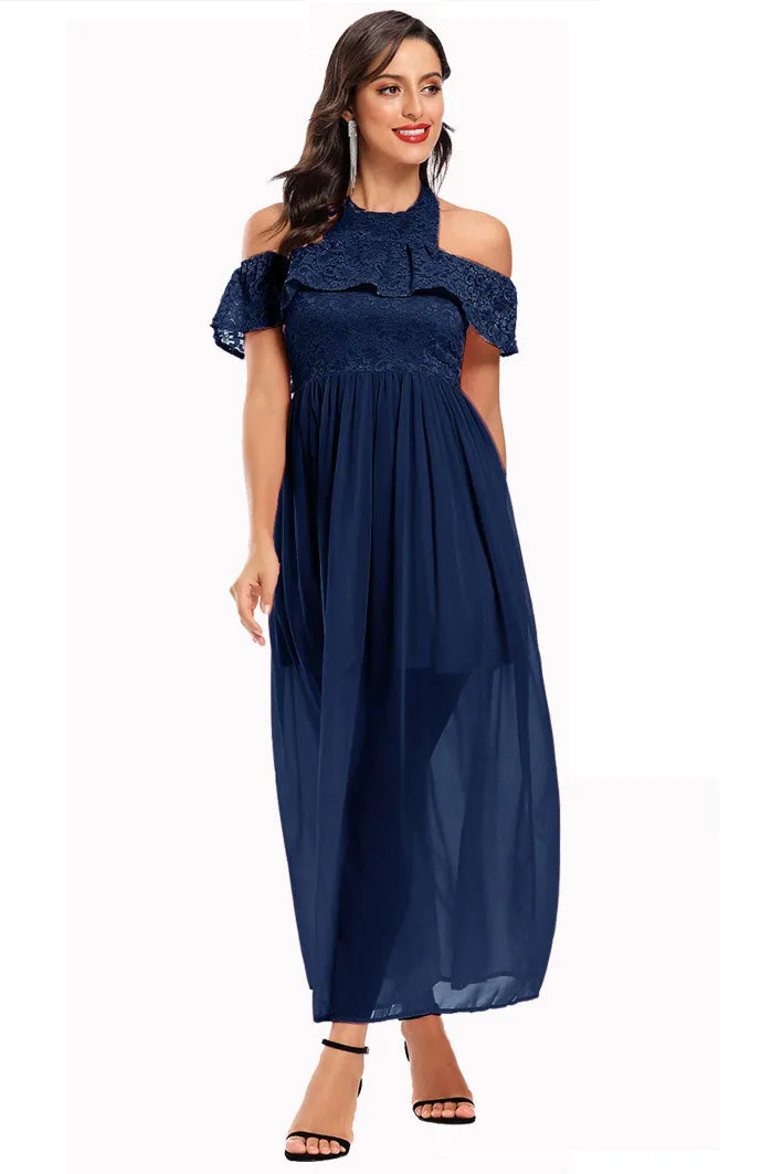 Long Dark Navy Halter Off-the-Shoulder Prom Party Dresses