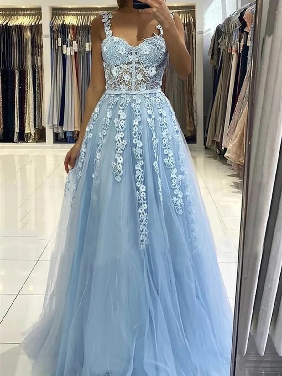 Long Light Blue Lace Floral Prom with Straps, Light Blue Lace Formal Graduation Evening