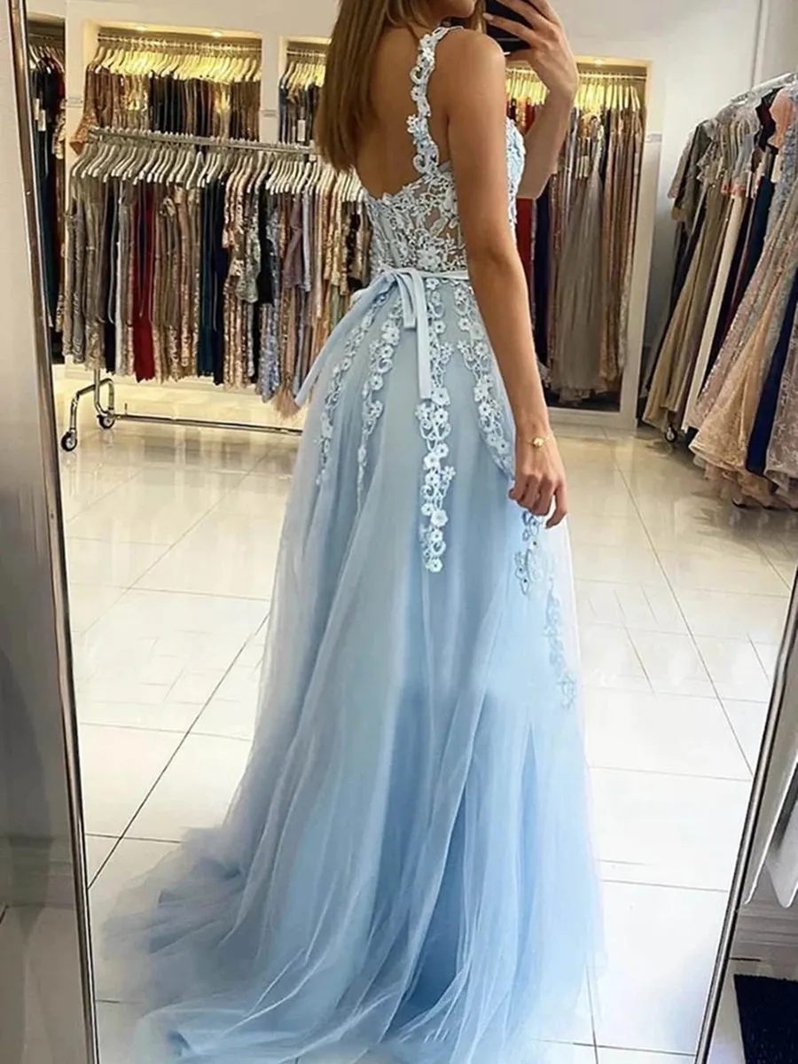 Long Light Blue Lace Floral Prom with Straps, Light Blue Lace Formal Graduation Evening