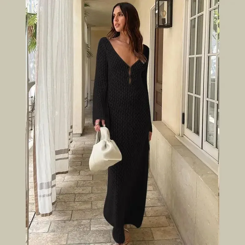 Long Sleeve Knit Beach Dress Women Sexy See Through Slim Maxi Dress Summer Elegant Solid Backless Long Dress Holiday Outfit