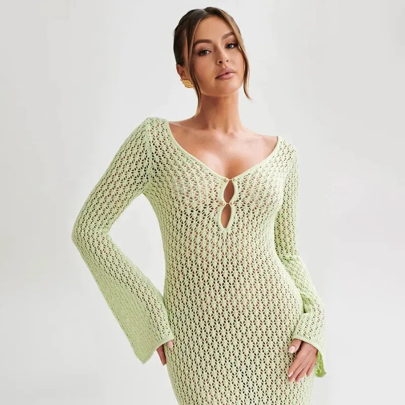 Long Sleeve Knit Beach Dress Women Sexy See Through Slim Maxi Dress Summer Elegant Solid Backless Long Dress Holiday Outfit