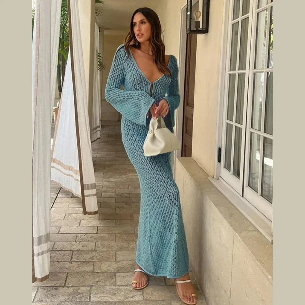 Long Sleeve Knit Beach Dress Women Sexy See Through Slim Maxi Dress Summer Elegant Solid Backless Long Dress Holiday Outfit