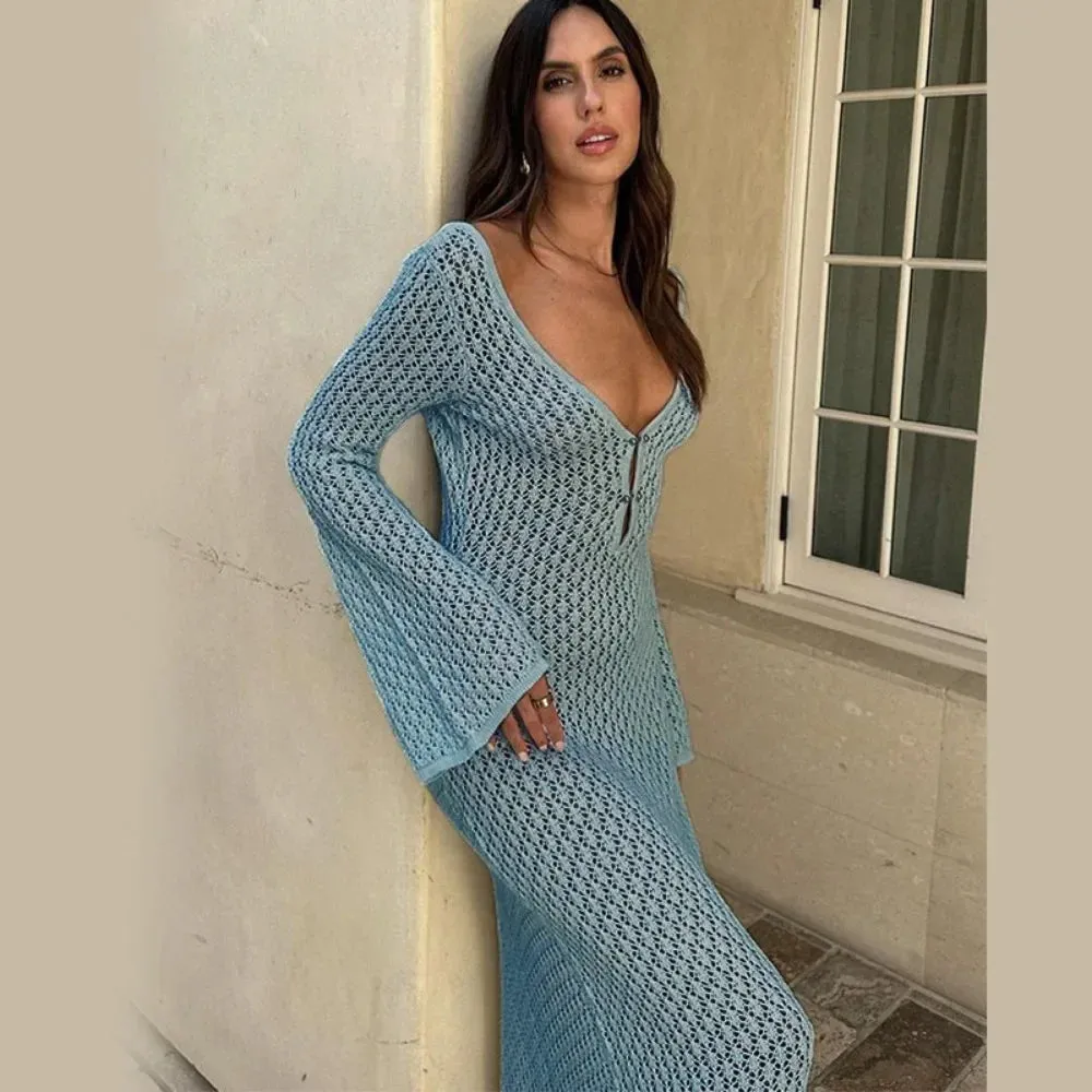 Long Sleeve Knit Beach Dress Women Sexy See Through Slim Maxi Dress Summer Elegant Solid Backless Long Dress Holiday Outfit