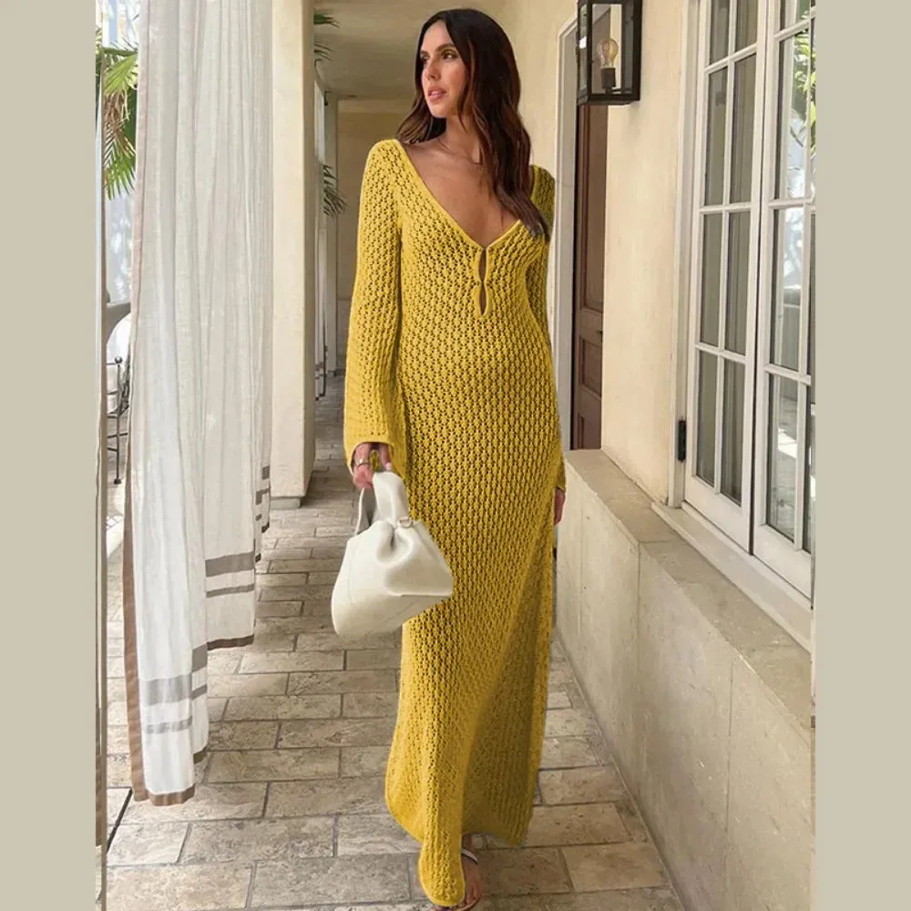 Long Sleeve Knit Beach Dress Women Sexy See Through Slim Maxi Dress Summer Elegant Solid Backless Long Dress Holiday Outfit