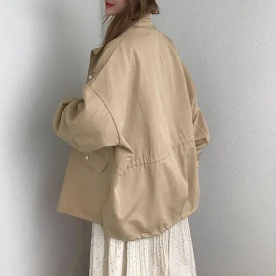 Long Windbreaker Elastic Waist Camel Jacket