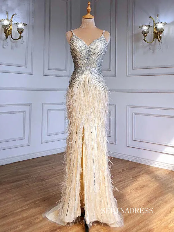 luxury Spaghetti Straps Mermaid Feather Long Prom Dress Dubai Evening Formal Gowns hlkS006