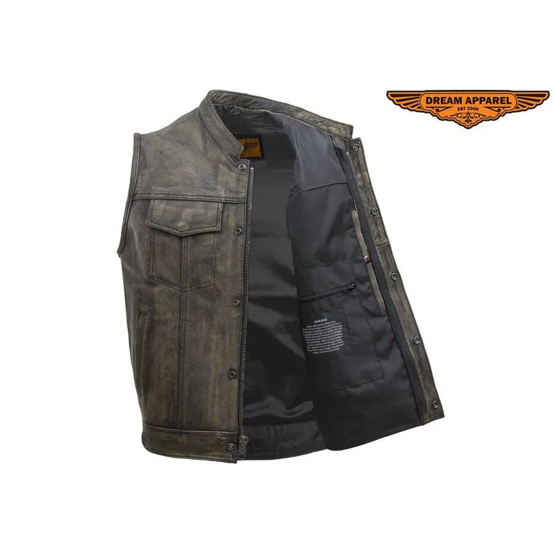 Mens SOA Style Motorcycle Club Distressed Brown Leather Biker Vest