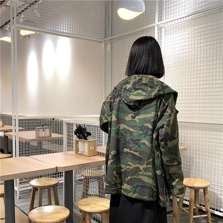 Military Pattern Green Khaki Windbreaker Hooded Coat