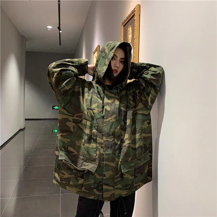 Military Pattern Green Khaki Windbreaker Hooded Coat