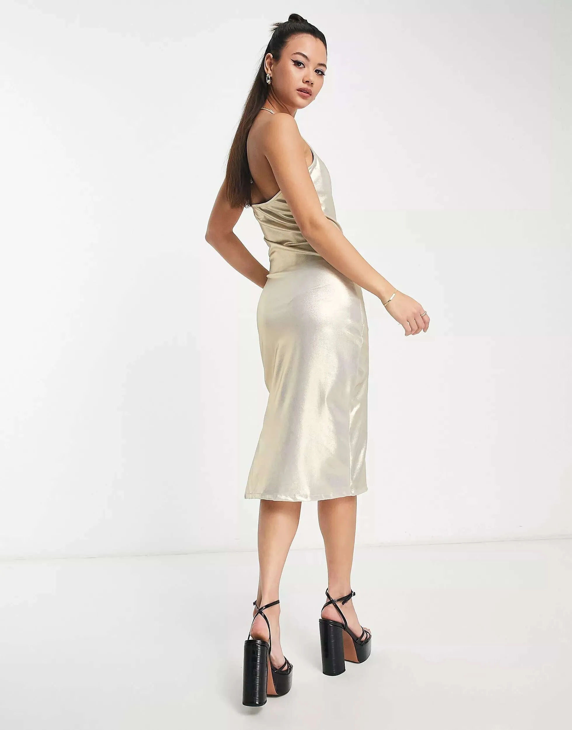 Monki Cowl Neck Midi Dress with Metallic Gold Straps