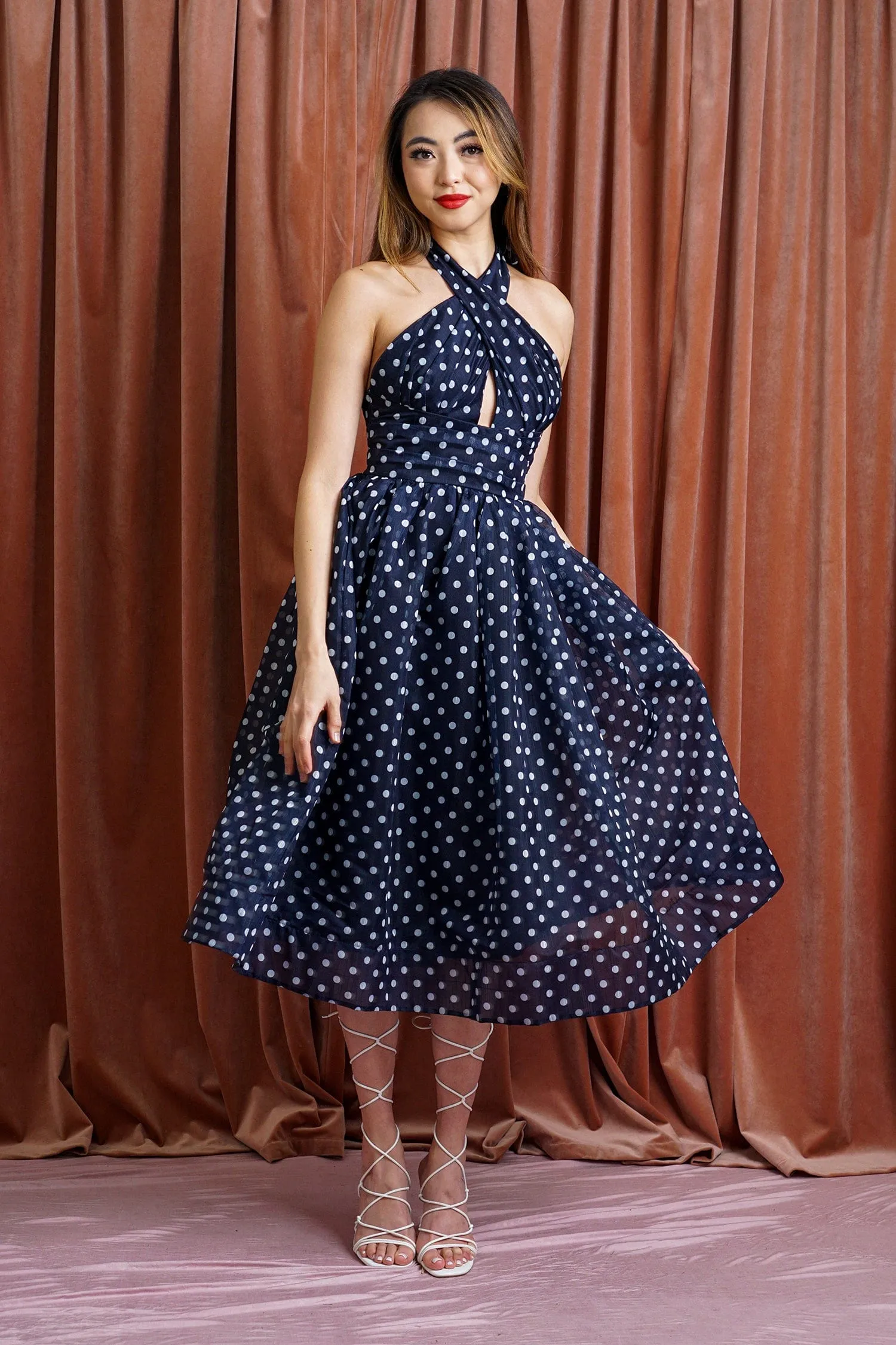 Navy & White Polka Dot Flared Dress