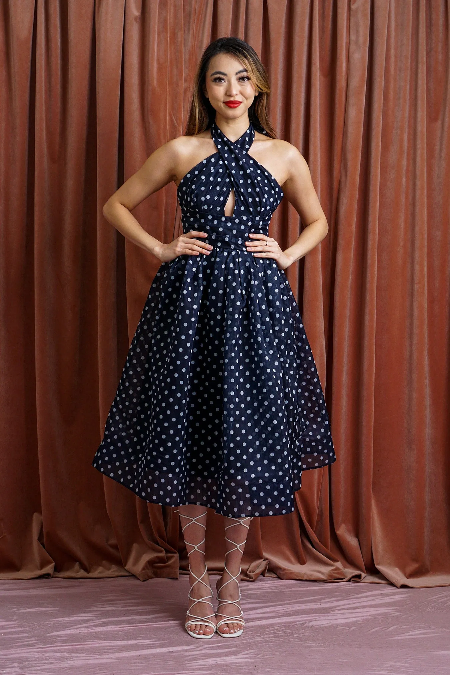 Navy & White Polka Dot Flared Dress