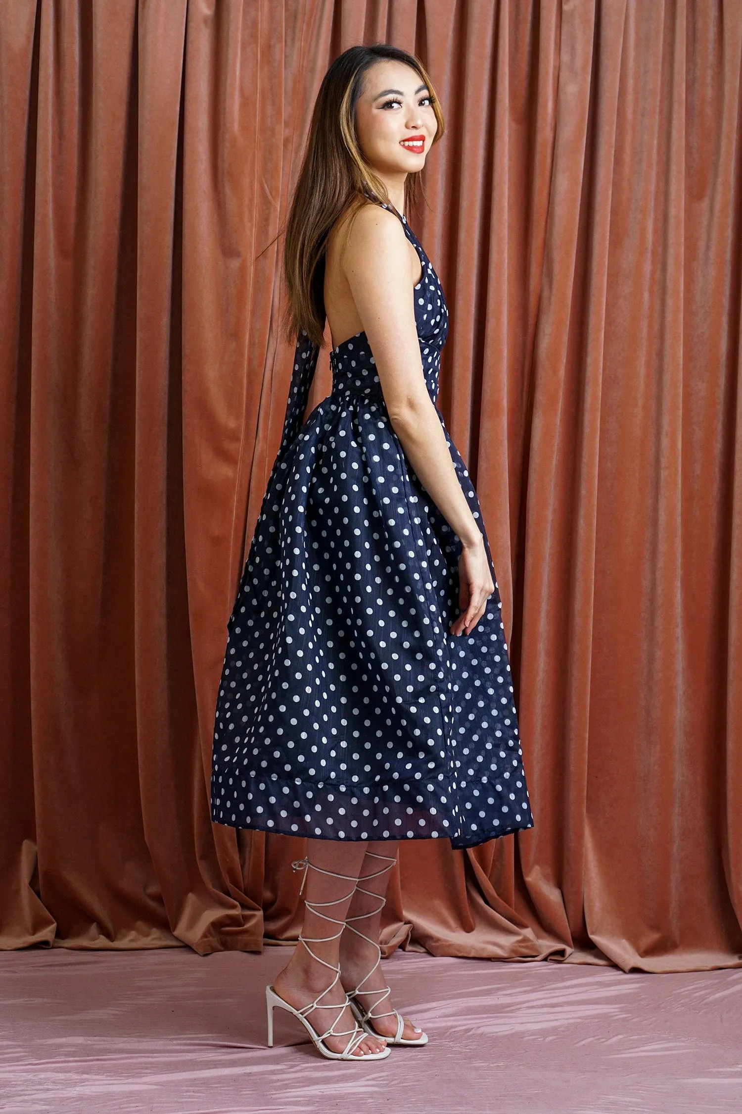 Navy & White Polka Dot Flared Dress