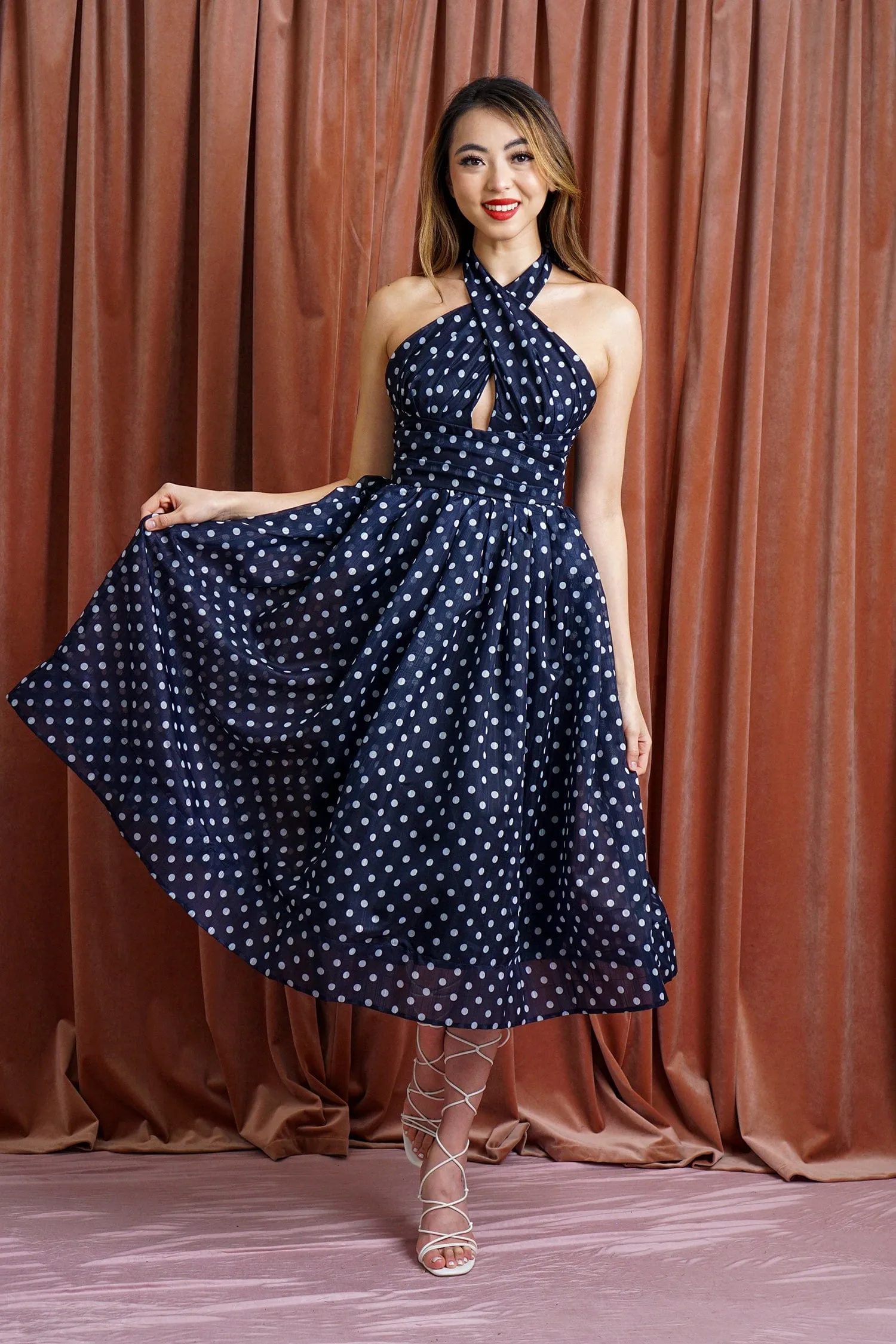 Navy & White Polka Dot Flared Dress