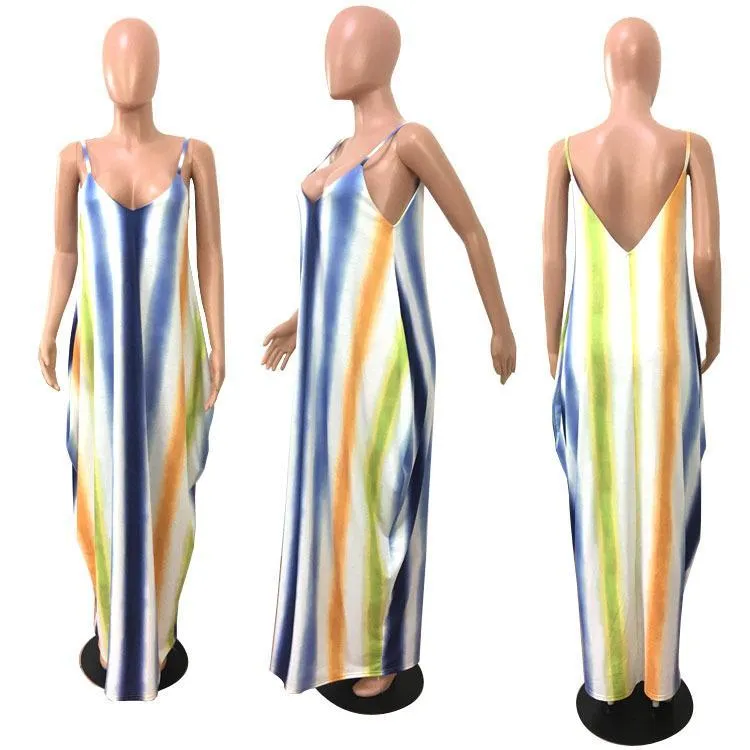 New Spaghetti Strap Printed Loose Beach Maxi Dress