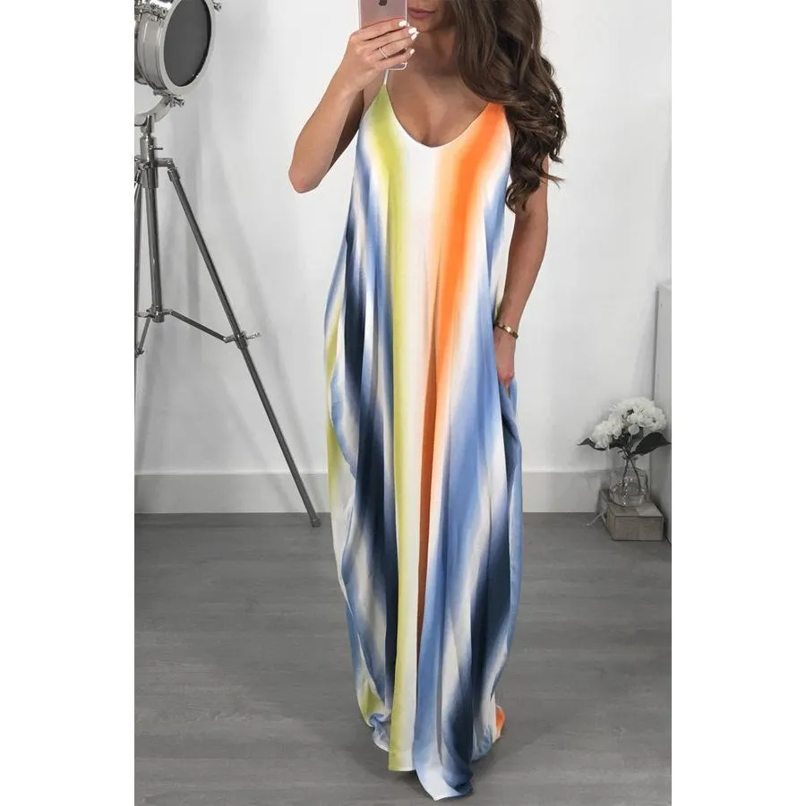 New Spaghetti Strap Printed Loose Beach Maxi Dress