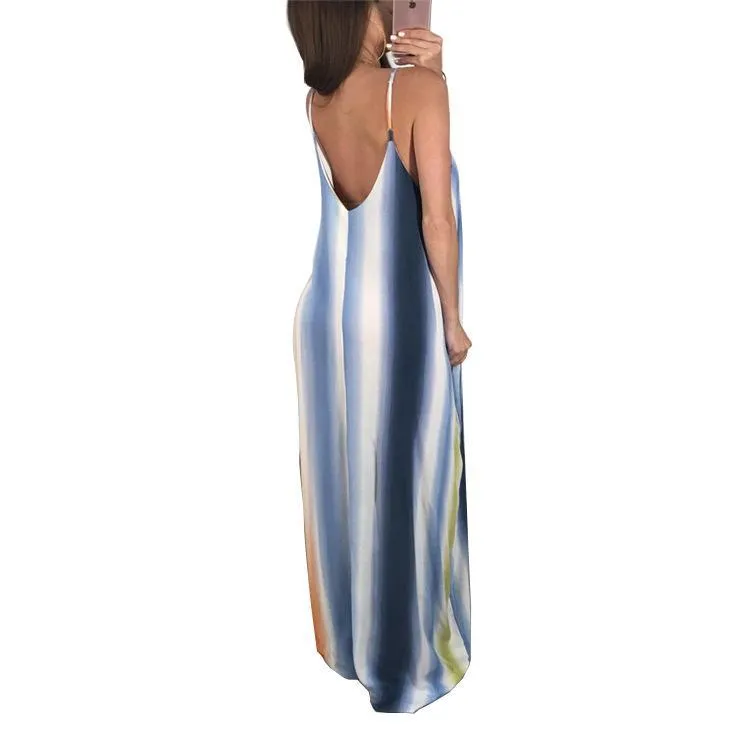 New Spaghetti Strap Printed Loose Beach Maxi Dress