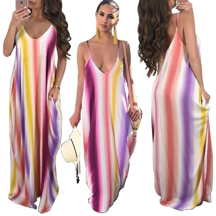 New Spaghetti Strap Printed Loose Beach Maxi Dress