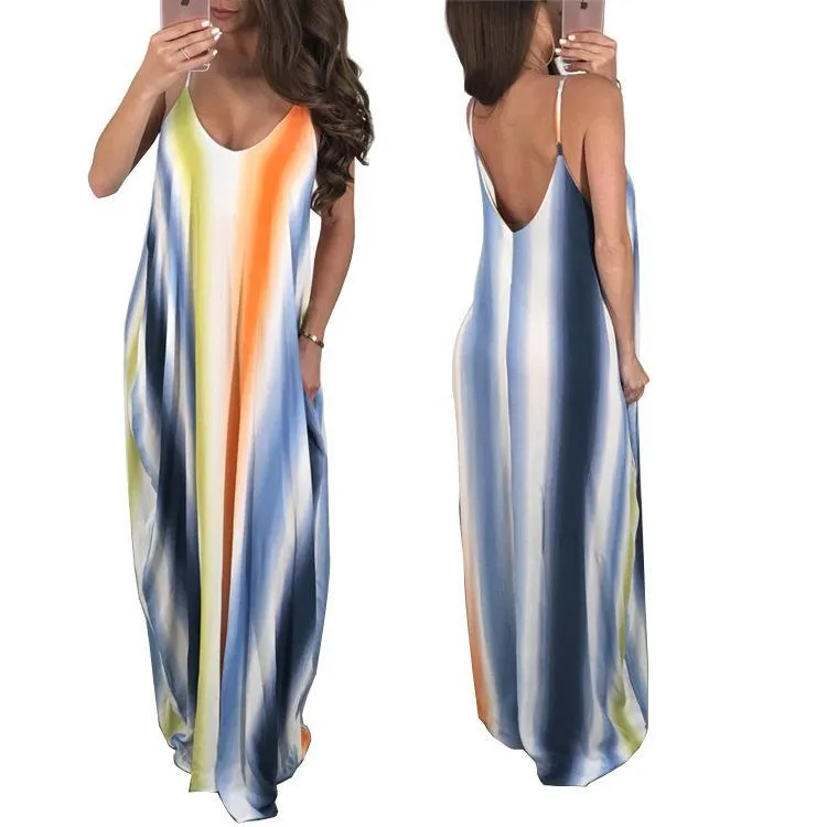 New Spaghetti Strap Printed Loose Beach Maxi Dress