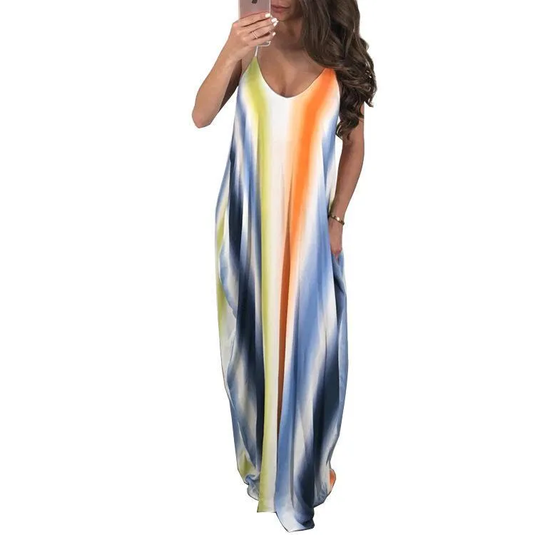 New Spaghetti Strap Printed Loose Beach Maxi Dress