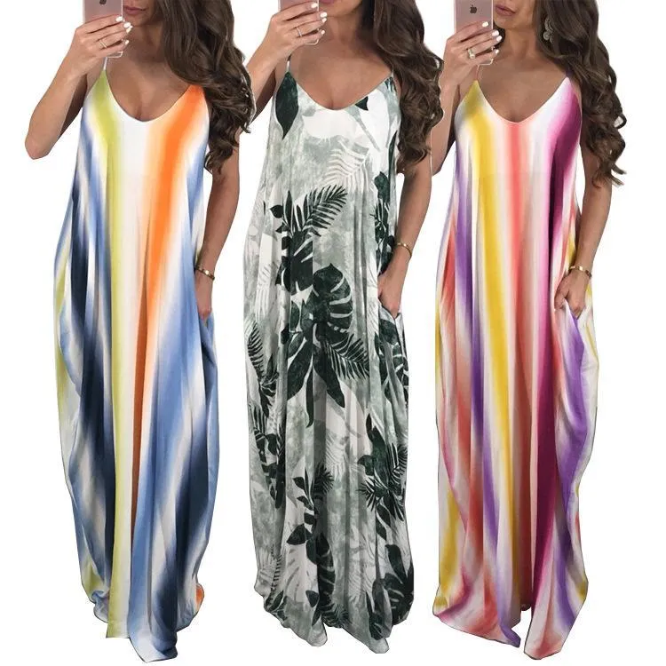 New Spaghetti Strap Printed Loose Beach Maxi Dress