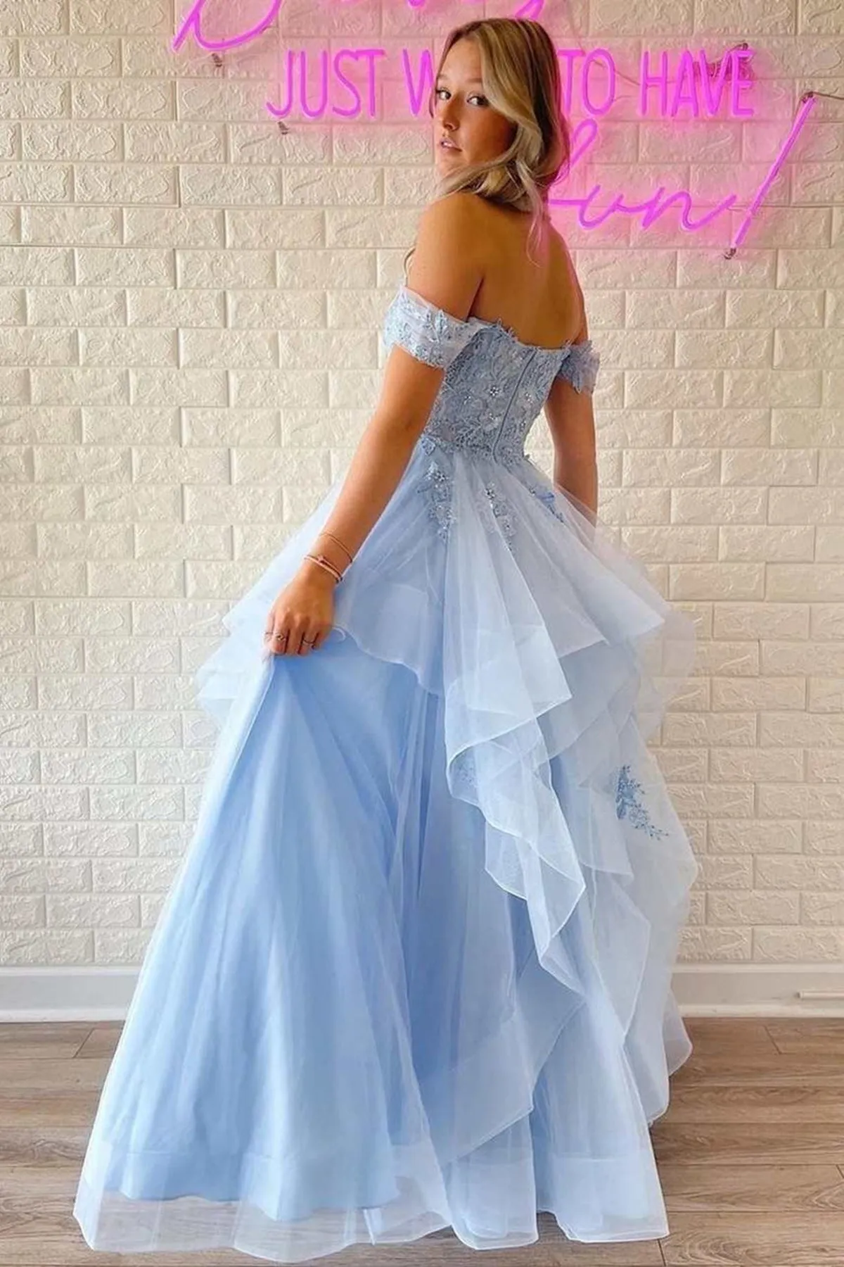 Off Shoulder Light Blue Lace Tulle Long Prom Dress, Layered Blue Lace Formal Dress, Light Blue Evening Dress A1744