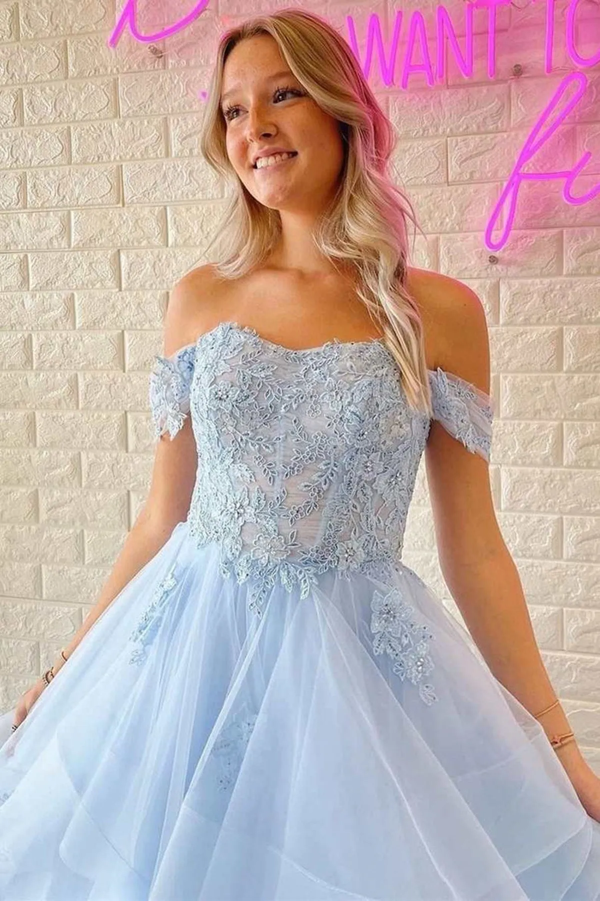 Off Shoulder Light Blue Lace Tulle Long Prom Dress, Layered Blue Lace Formal Dress, Light Blue Evening Dress A1744